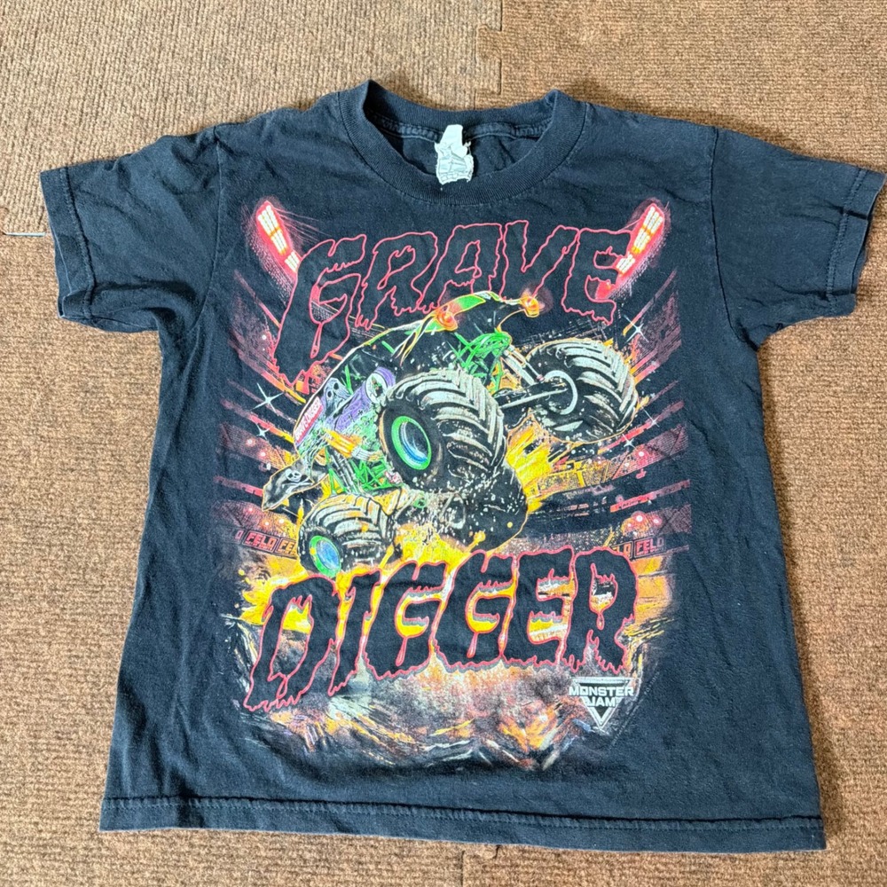 VTG Monster Jam Grave Digger Youth Small T-Shirt Black Alstyle Graphic Tee Feld